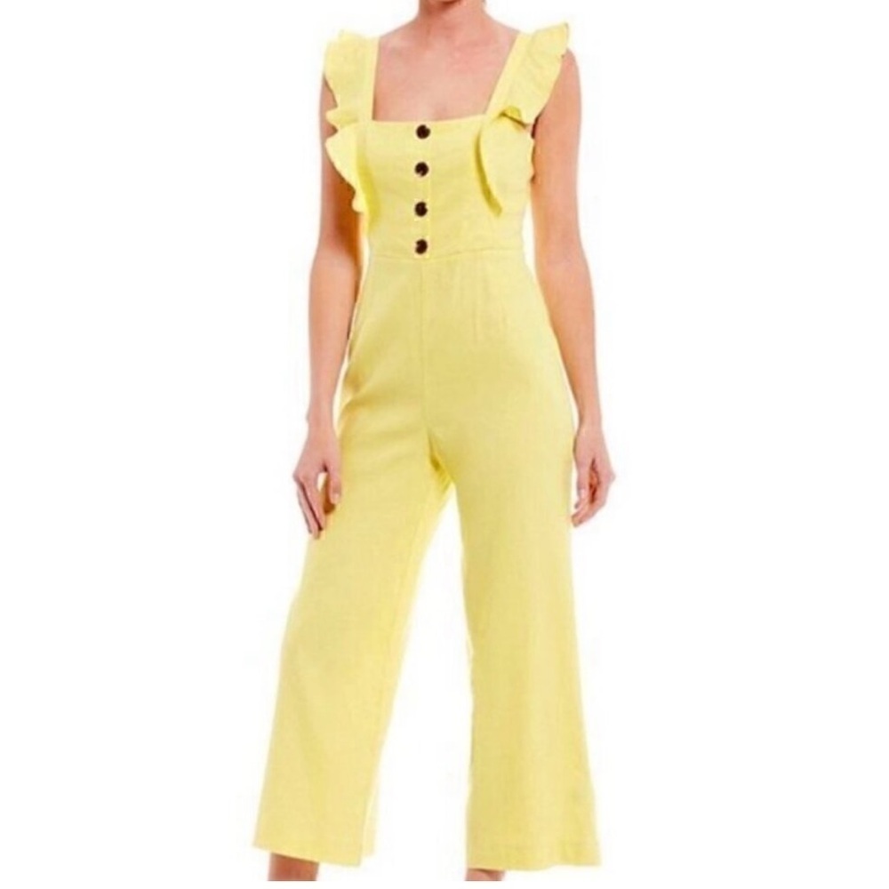 NWT Gianni Bini Sleeveless Ruffle Linen Blend Canary Yellow Jumpsuit Size 12